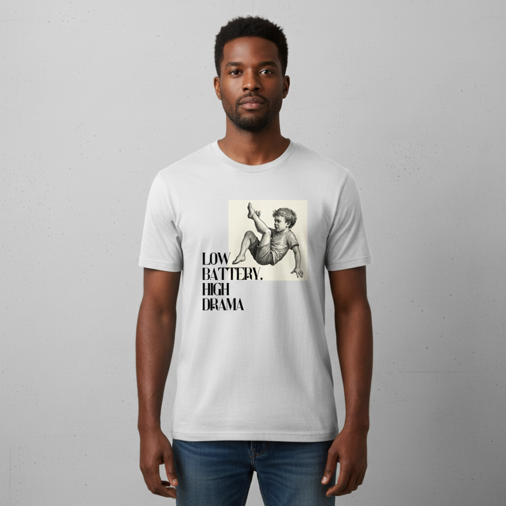 Low Battery High Drama. Men's Regular Fit Premium T-Shirt. - Powered by panic and snacks.